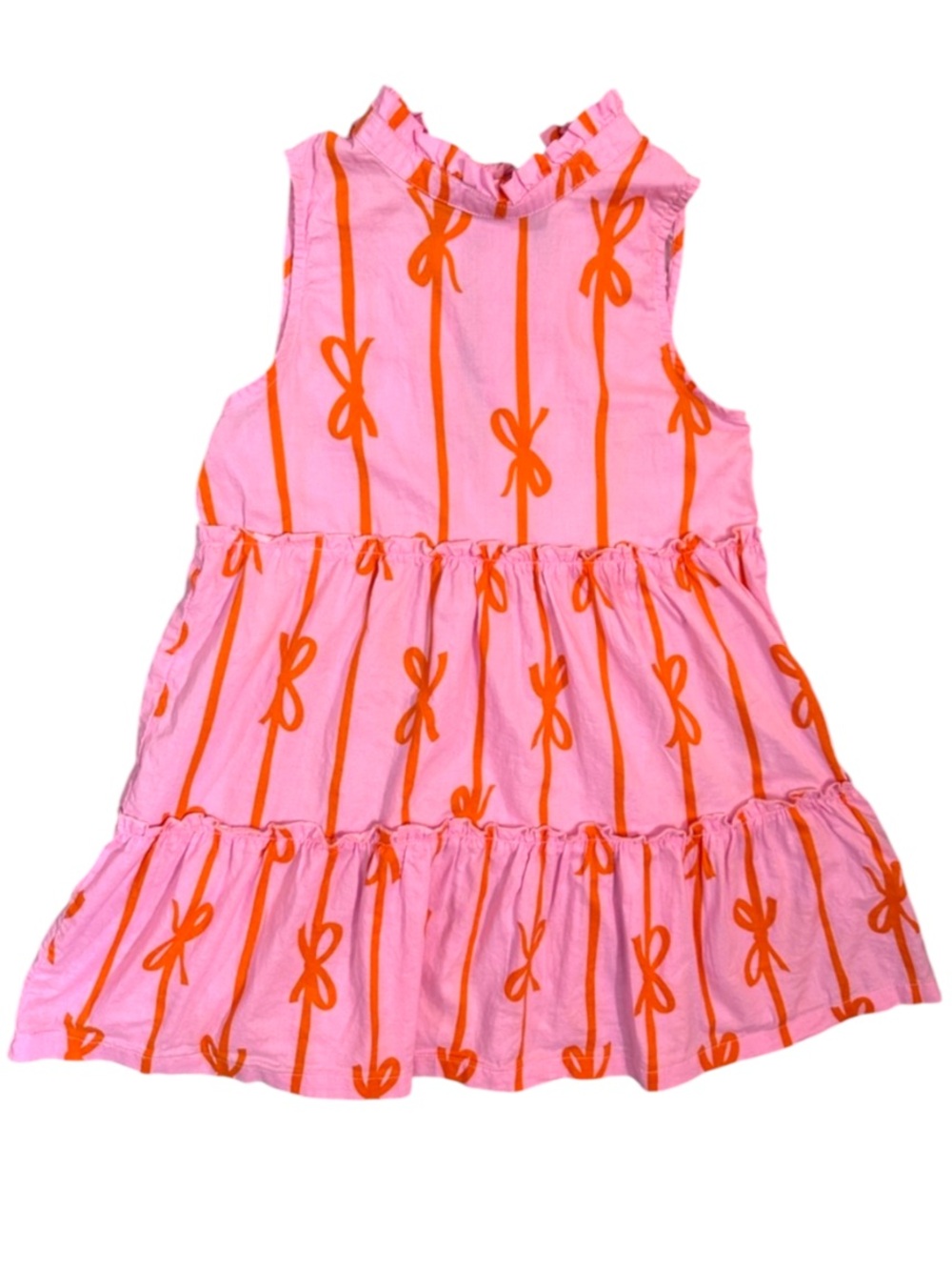 EUC The Oaks Apparel Co. Pink & Orange Bow Print ruffle Tier & collar Dress 6y